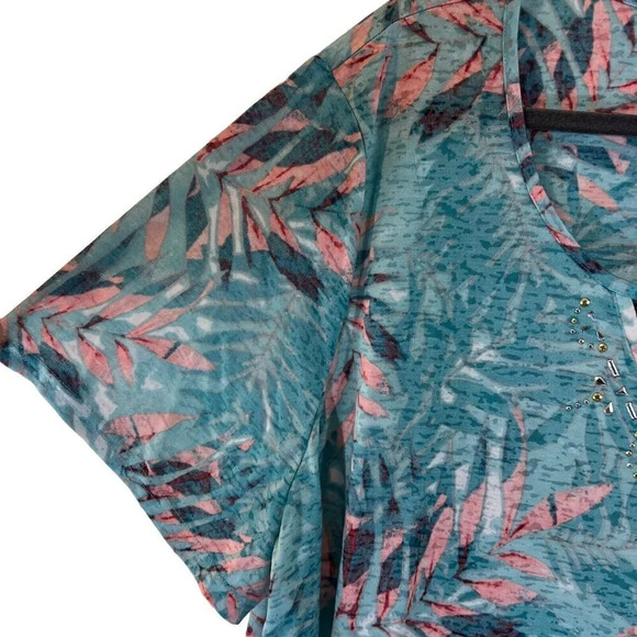 Erika Tropical Plus Size 3X Blouse Keyhole Studded Embellished Blue Pink Leaves - Picture 5 of 7